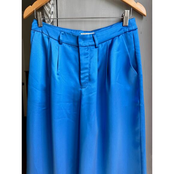 Anthropologie Du Paradis Pants Sz S Blue Satin High Waist Wide Leg Holiday NWT - Picture 3 of 9